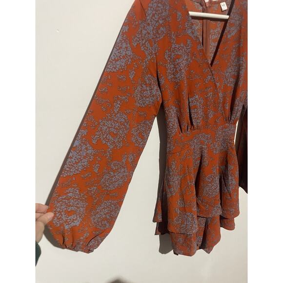 Orange And Blue V Neck Baggy Sleeve Waist Tie Layered Ruffle Hem Shorts Romper S - Picture 3 of 5